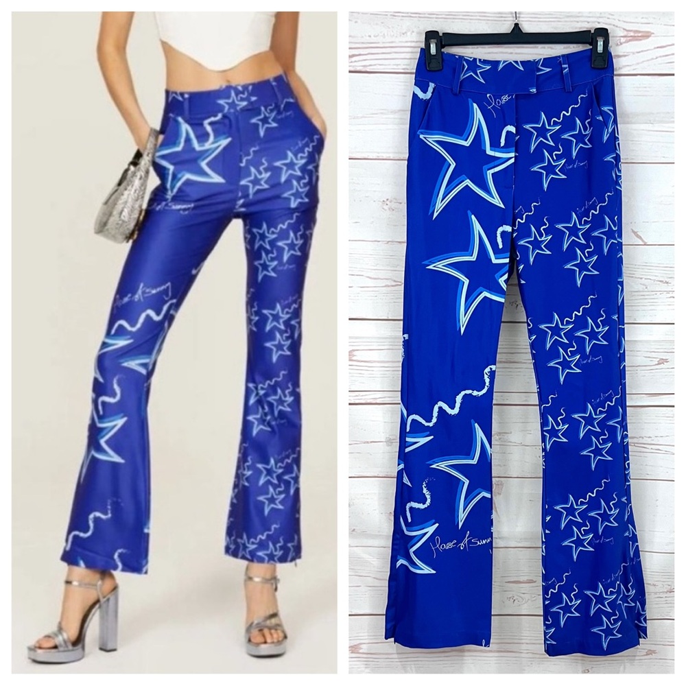 House Of Sunny Hall of Fame Infinity Party Flare Pants Cobalt Blue Satin Star
